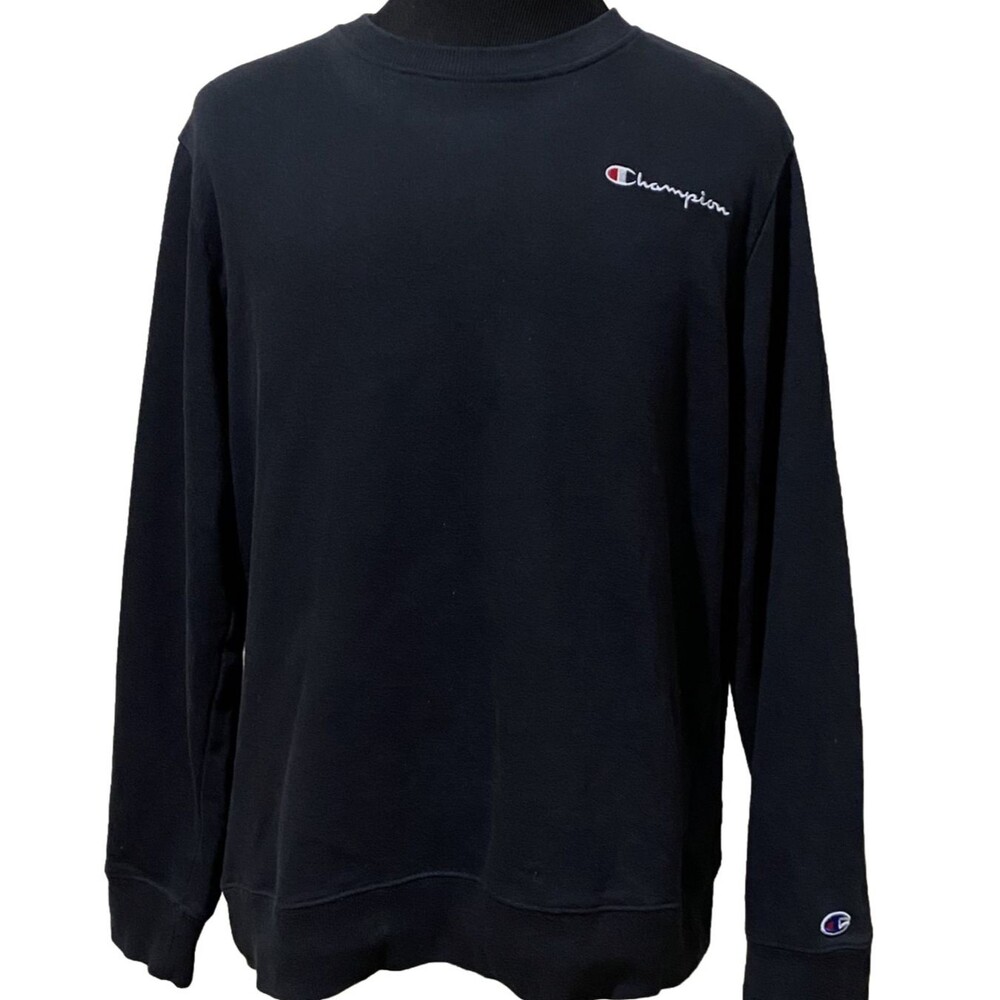 Champion Crewneck Sweatshirt Black Mens Embroidered Logo Fleece Pullover Top L